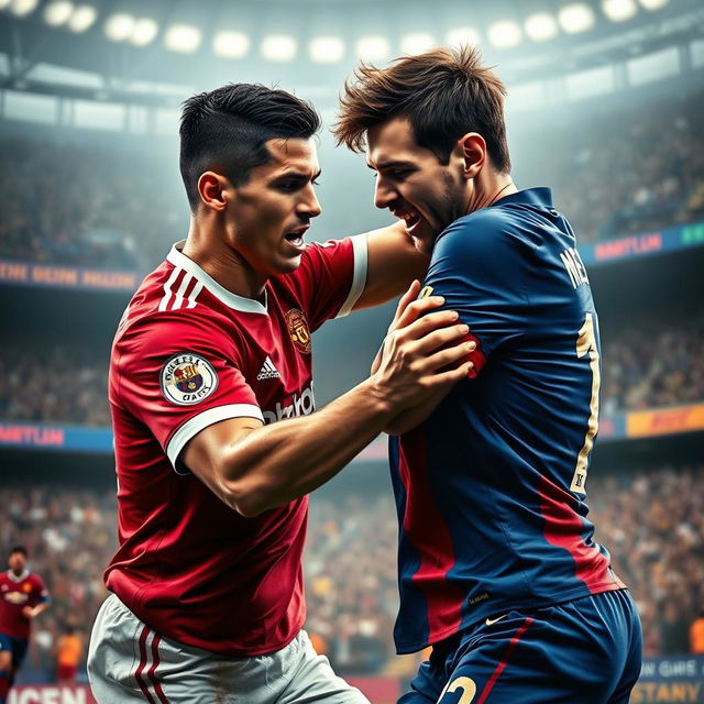 A dramatic scene depicting the legendary football players Cristiano Ronaldo and Lionel Messi engaged in an intense fight on the pitch