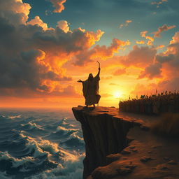 An epic and dramatized scene from the biblical story of Exodus, depicting Moses standing confidently on a cliff overlooking the Red Sea, with his staff raised high, as he prepares to part the waters