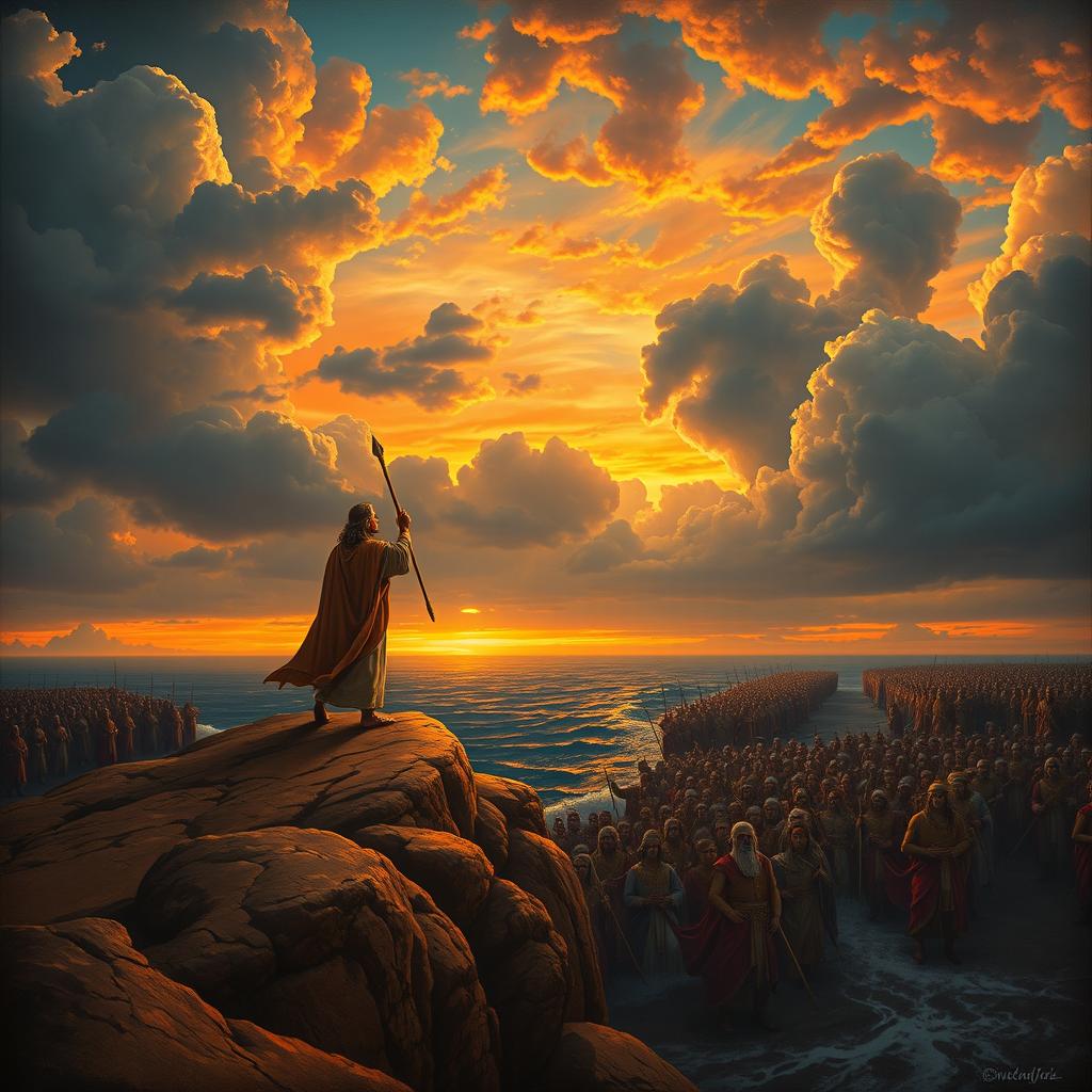 An epic and dramatized scene from the biblical story of Exodus, depicting Moses standing confidently on a cliff overlooking the Red Sea, with his staff raised high, as he prepares to part the waters