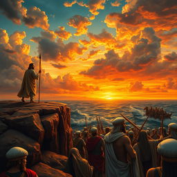 An epic and dramatized scene from the biblical story of Exodus, depicting Moses standing confidently on a cliff overlooking the Red Sea, with his staff raised high, as he prepares to part the waters