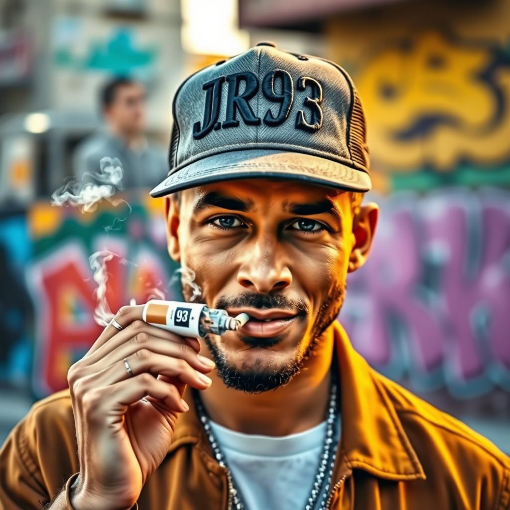 A stylish man smoking a cigarette, wearing a trendy cap with the letters 'JR93' emblazoned on the front