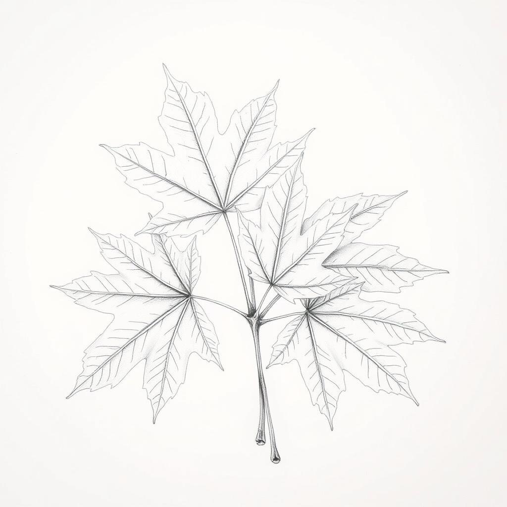 A detailed pencil sketch of maple leaves arranged artistically, showcasing their unique shapes and intricate veins