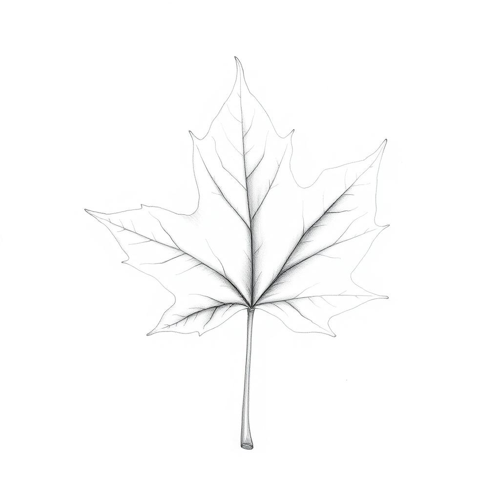 A finely detailed pencil sketch of a single maple leaf, showcasing its characteristic lobes and intricate vein patterns