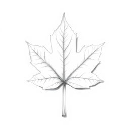 A finely detailed pencil sketch of a single maple leaf, showcasing its characteristic lobes and intricate vein patterns