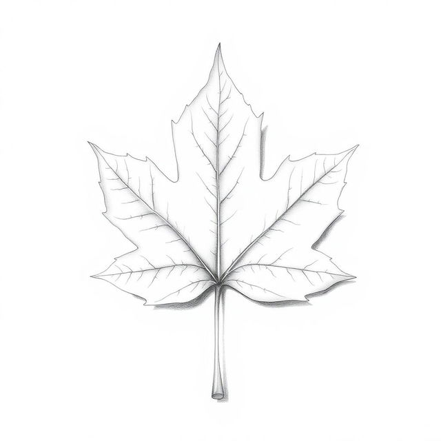 A finely detailed pencil sketch of a single maple leaf, showcasing its characteristic lobes and intricate vein patterns