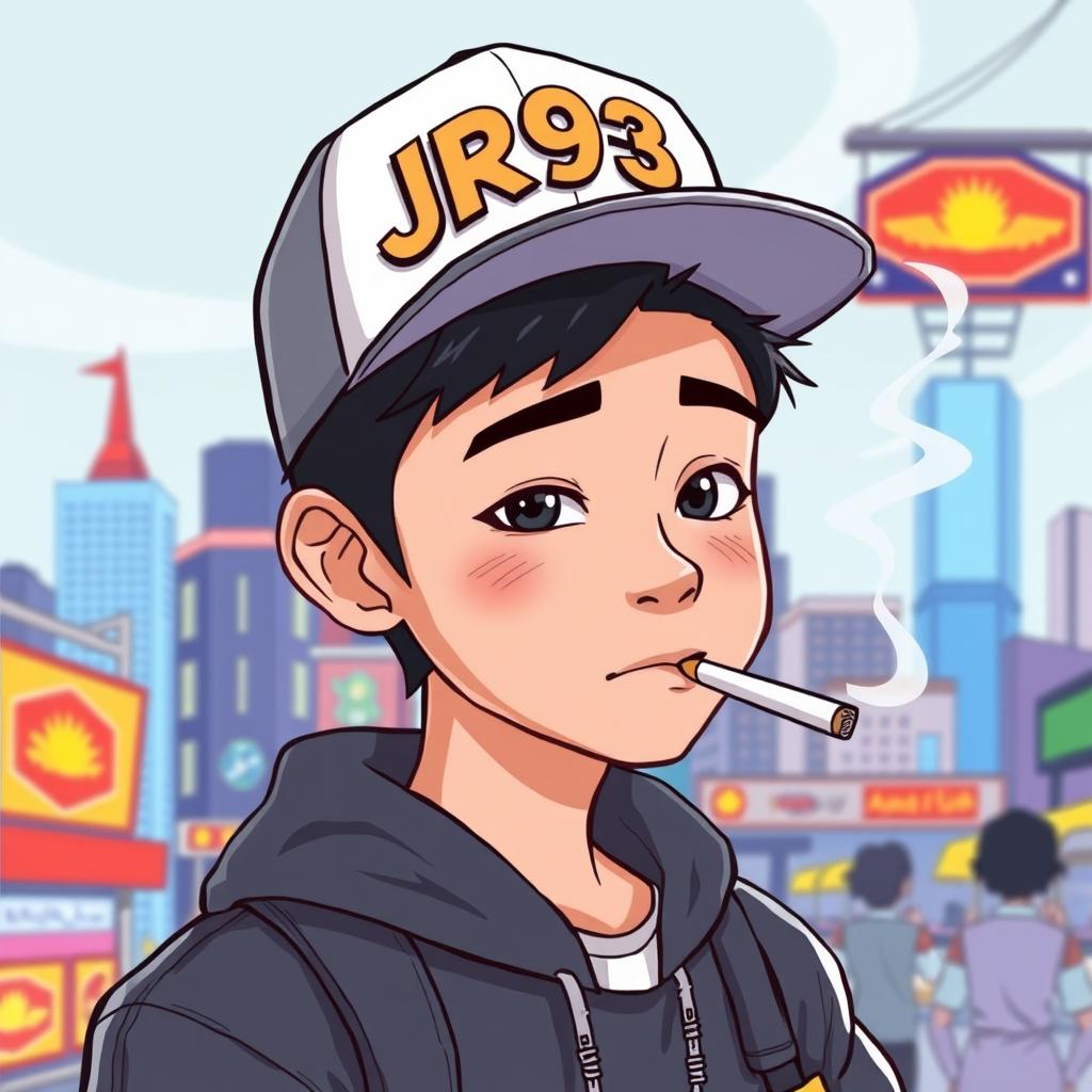 A cartoon-style illustration of a young Asian male character, casually smoking a cigarette