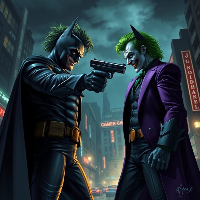 The Joker in a chaotic cityscape, dramatically pointing a gun at Batman