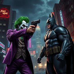 The Joker in a chaotic cityscape, dramatically pointing a gun at Batman