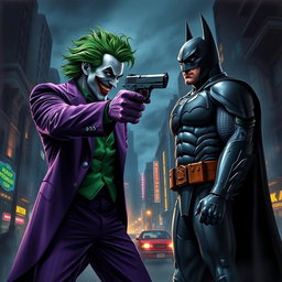 The Joker in a chaotic cityscape, dramatically pointing a gun at Batman