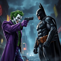 The Joker in a chaotic cityscape, dramatically pointing a gun at Batman