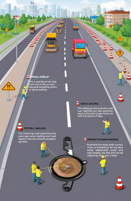 A detailed illustration showing various strategies for road preservation and maintenance, including asphalt overlay, crack sealing, pothole repairs, and preventative maintenance techniques
