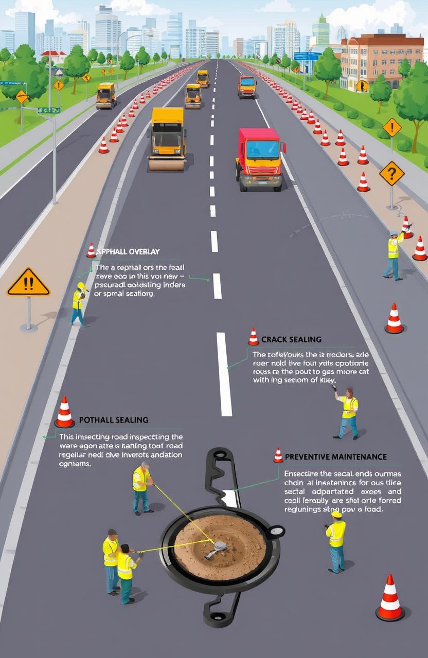 A detailed illustration showing various strategies for road preservation and maintenance, including asphalt overlay, crack sealing, pothole repairs, and preventative maintenance techniques