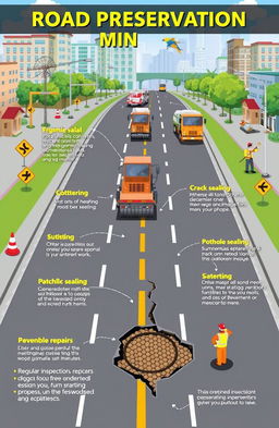 A detailed illustration showing various strategies for road preservation and maintenance, including asphalt overlay, crack sealing, pothole repairs, and preventative maintenance techniques