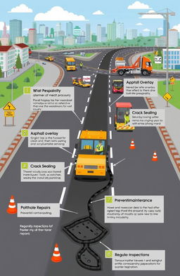 A detailed illustration showing various strategies for road preservation and maintenance, including asphalt overlay, crack sealing, pothole repairs, and preventative maintenance techniques