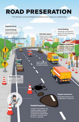A detailed illustration showing various strategies for road preservation and maintenance, including asphalt overlay, crack sealing, pothole repairs, and preventative maintenance techniques