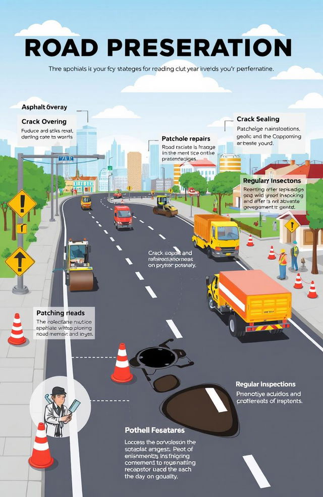 A detailed illustration showing various strategies for road preservation and maintenance, including asphalt overlay, crack sealing, pothole repairs, and preventative maintenance techniques