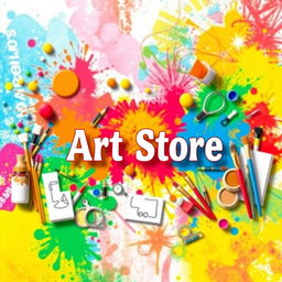 A vibrant and eye-catching banner for an art store, featuring a colorful assortment of artistic supplies such as paints, brushes, canvases, and sketches