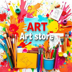 A vibrant and eye-catching banner for an art store, featuring a colorful assortment of artistic supplies such as paints, brushes, canvases, and sketches