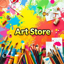 A vibrant and eye-catching banner for an art store, featuring a colorful assortment of artistic supplies such as paints, brushes, canvases, and sketches