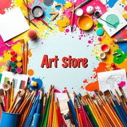A vibrant and eye-catching banner for an art store, featuring a colorful assortment of artistic supplies such as paints, brushes, canvases, and sketches