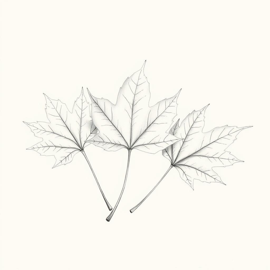 A meticulous pencil sketch featuring three untangled maple leaves, displaying their distinctive shapes and detailed vein patterns