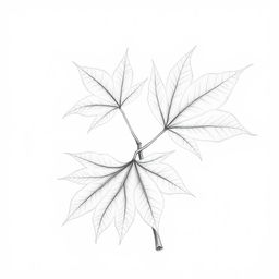 A meticulous pencil sketch featuring three untangled maple leaves, displaying their distinctive shapes and detailed vein patterns