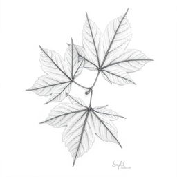 A meticulous pencil sketch featuring three untangled maple leaves, displaying their distinctive shapes and detailed vein patterns