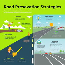 A comprehensive visual representation of road preservation strategies, showcasing approaches like regular maintenance schedules, asphalt resurfacing techniques, timely pothole repairs, and innovative materials for durability