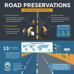 A comprehensive visual representation of road preservation strategies, showcasing approaches like regular maintenance schedules, asphalt resurfacing techniques, timely pothole repairs, and innovative materials for durability