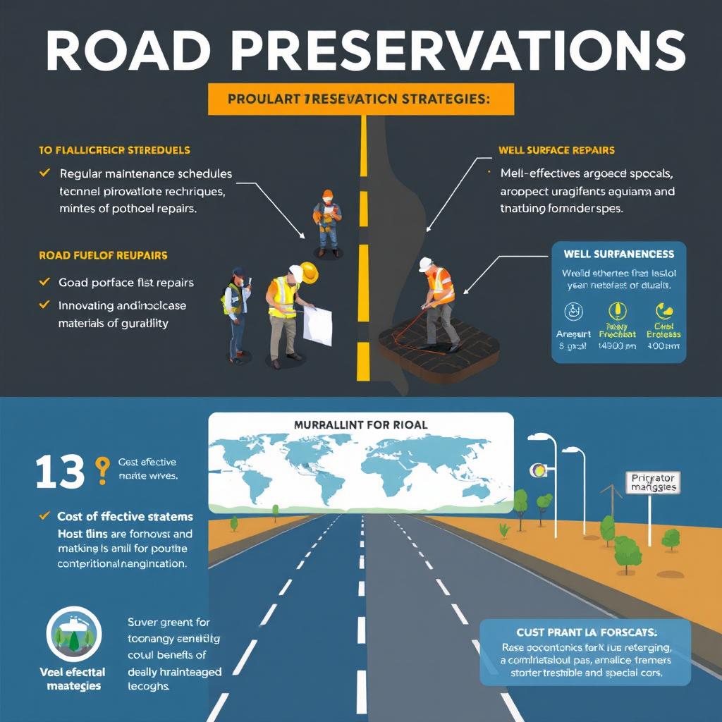 A comprehensive visual representation of road preservation strategies, showcasing approaches like regular maintenance schedules, asphalt resurfacing techniques, timely pothole repairs, and innovative materials for durability