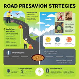A comprehensive visual representation of road preservation strategies, showcasing approaches like regular maintenance schedules, asphalt resurfacing techniques, timely pothole repairs, and innovative materials for durability