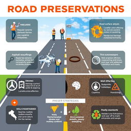 A comprehensive visual representation of road preservation strategies, showcasing approaches like regular maintenance schedules, asphalt resurfacing techniques, timely pothole repairs, and innovative materials for durability