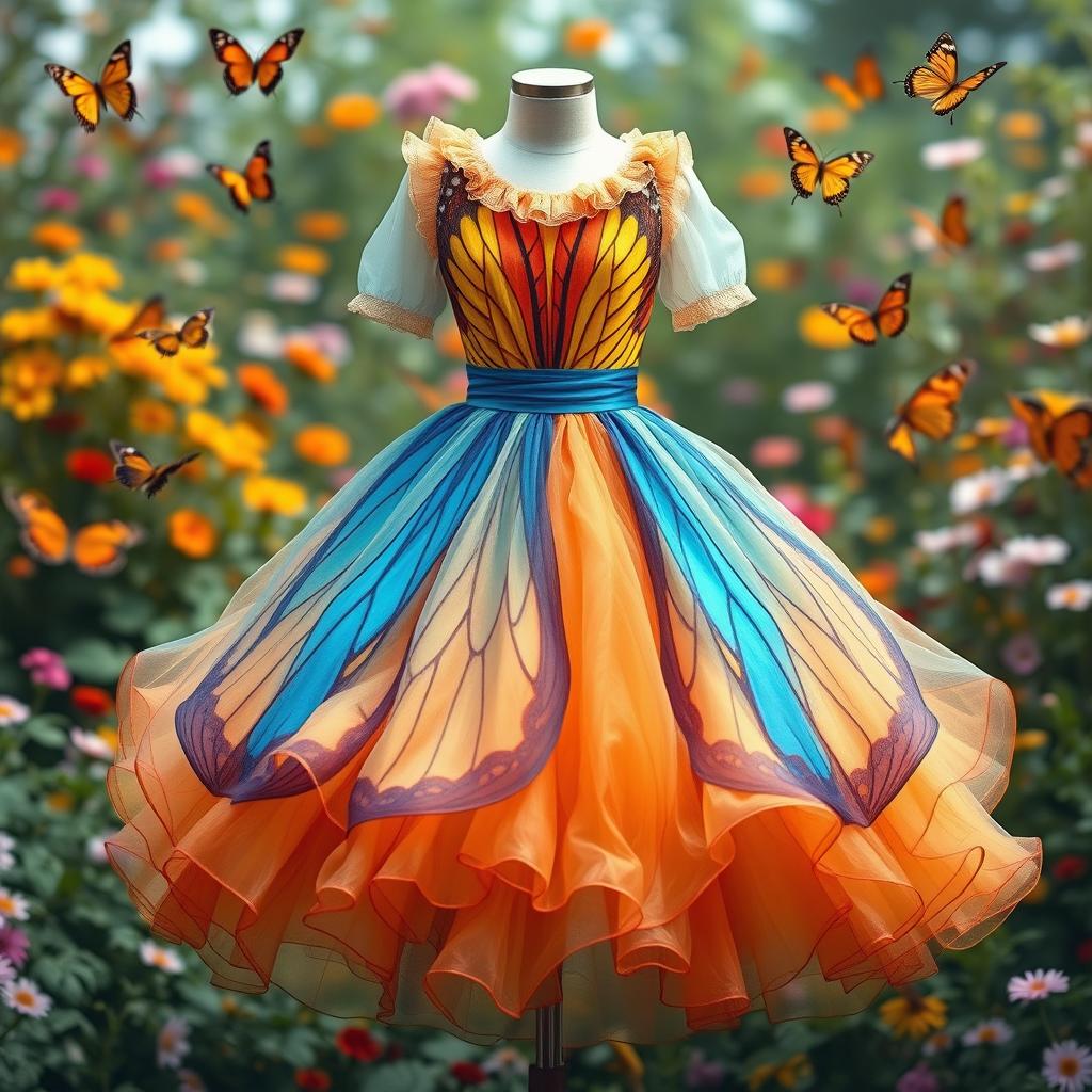 A stunning dress design inspired by vibrant butterflies, featuring colorful, flowing fabrics that mimic butterfly wings in intricate patterns