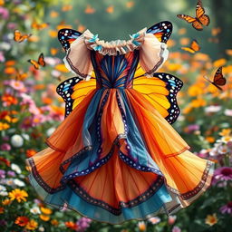 A stunning dress design inspired by vibrant butterflies, featuring colorful, flowing fabrics that mimic butterfly wings in intricate patterns