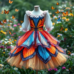 A stunning dress design inspired by vibrant butterflies, featuring colorful, flowing fabrics that mimic butterfly wings in intricate patterns