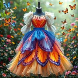 A stunning dress design inspired by vibrant butterflies, featuring colorful, flowing fabrics that mimic butterfly wings in intricate patterns