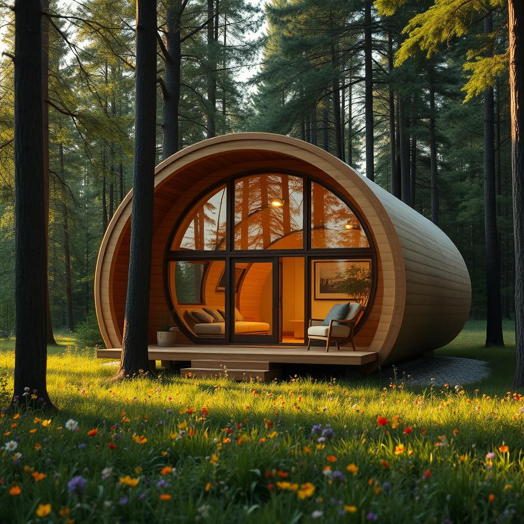 A single-storey cabin house inspired by the shape of a cocoon, featuring smooth, organic curves and a natural wood exterior