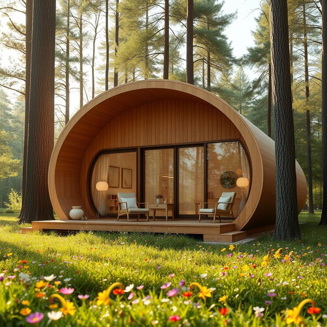 A single-storey cabin house inspired by the shape of a cocoon, featuring smooth, organic curves and a natural wood exterior