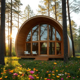 A single-storey cabin house inspired by the shape of a cocoon, featuring smooth, organic curves and a natural wood exterior