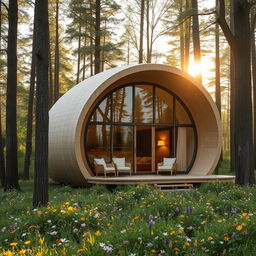 A single-storey cabin house inspired by the shape of a cocoon, featuring smooth, organic curves and a natural wood exterior