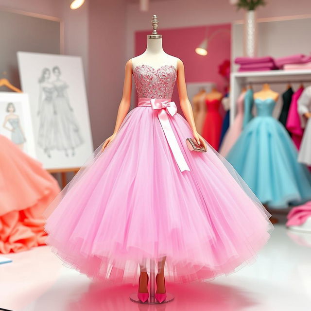 A stunning dress design inspired by Barbie's iconic style, featuring a playful and vibrant color palette with shades of pink and pastel hues