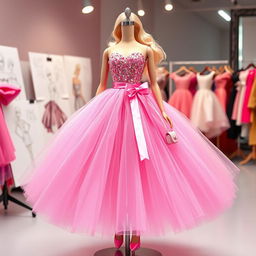 A stunning dress design inspired by Barbie's iconic style, featuring a playful and vibrant color palette with shades of pink and pastel hues