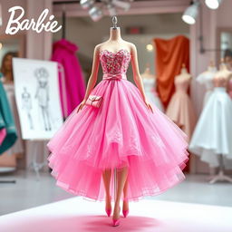 A stunning dress design inspired by Barbie's iconic style, featuring a playful and vibrant color palette with shades of pink and pastel hues