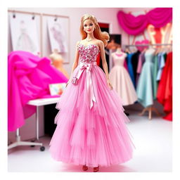 A stunning dress design inspired by Barbie's iconic style, featuring a playful and vibrant color palette with shades of pink and pastel hues