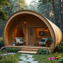 A single-storey cabin house inspired by the shape of a cocoon, featuring a unique yet homely design that combines smooth, flowing curves with rustic elements