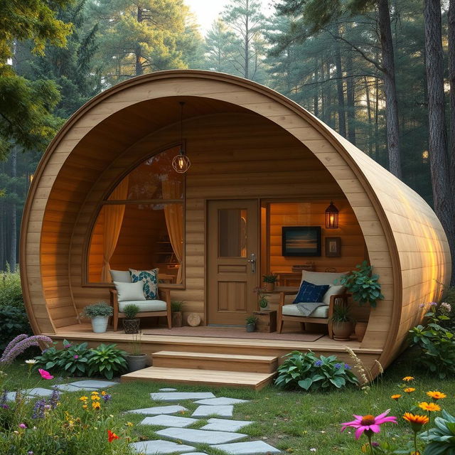 A single-storey cabin house inspired by the shape of a cocoon, featuring a unique yet homely design that combines smooth, flowing curves with rustic elements