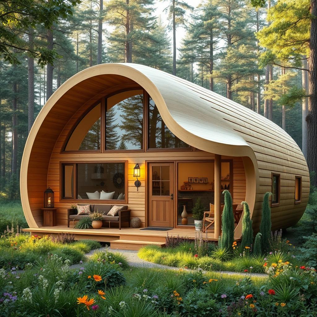 A single-storey cabin house inspired by the shape of a cocoon, featuring a unique yet homely design that combines smooth, flowing curves with rustic elements