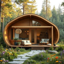 A single-storey cabin house inspired by the shape of a cocoon, featuring a unique yet homely design that combines smooth, flowing curves with rustic elements