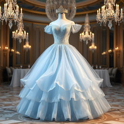 A stunning dress design inspired by Cinderella, featuring an elegant ball gown silhouette with a fitted bodice and a flowing, layered skirt that billows elegantly