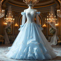 A stunning dress design inspired by Cinderella, featuring an elegant ball gown silhouette with a fitted bodice and a flowing, layered skirt that billows elegantly